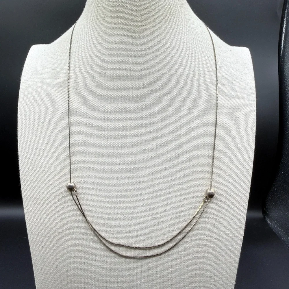 Silver Tone Double Strand Snake Chain Necklace Ribbed Beads Minimalist Gift